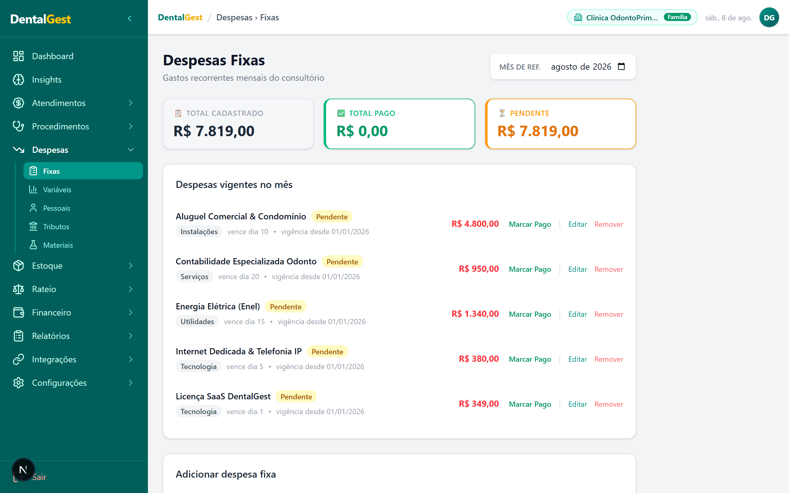 Tela do recurso Atendimentos e recebíveis