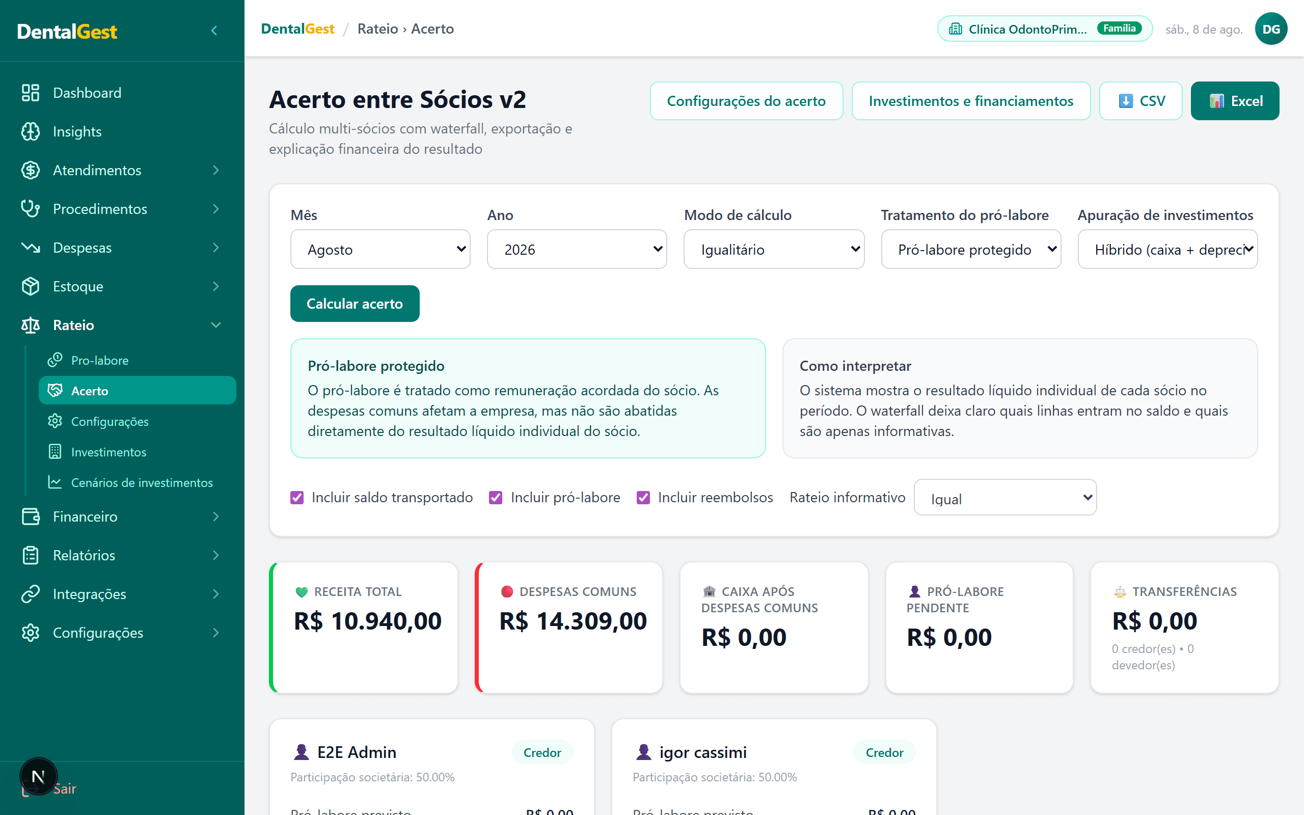 Tela do recurso Rateio e pró-labore