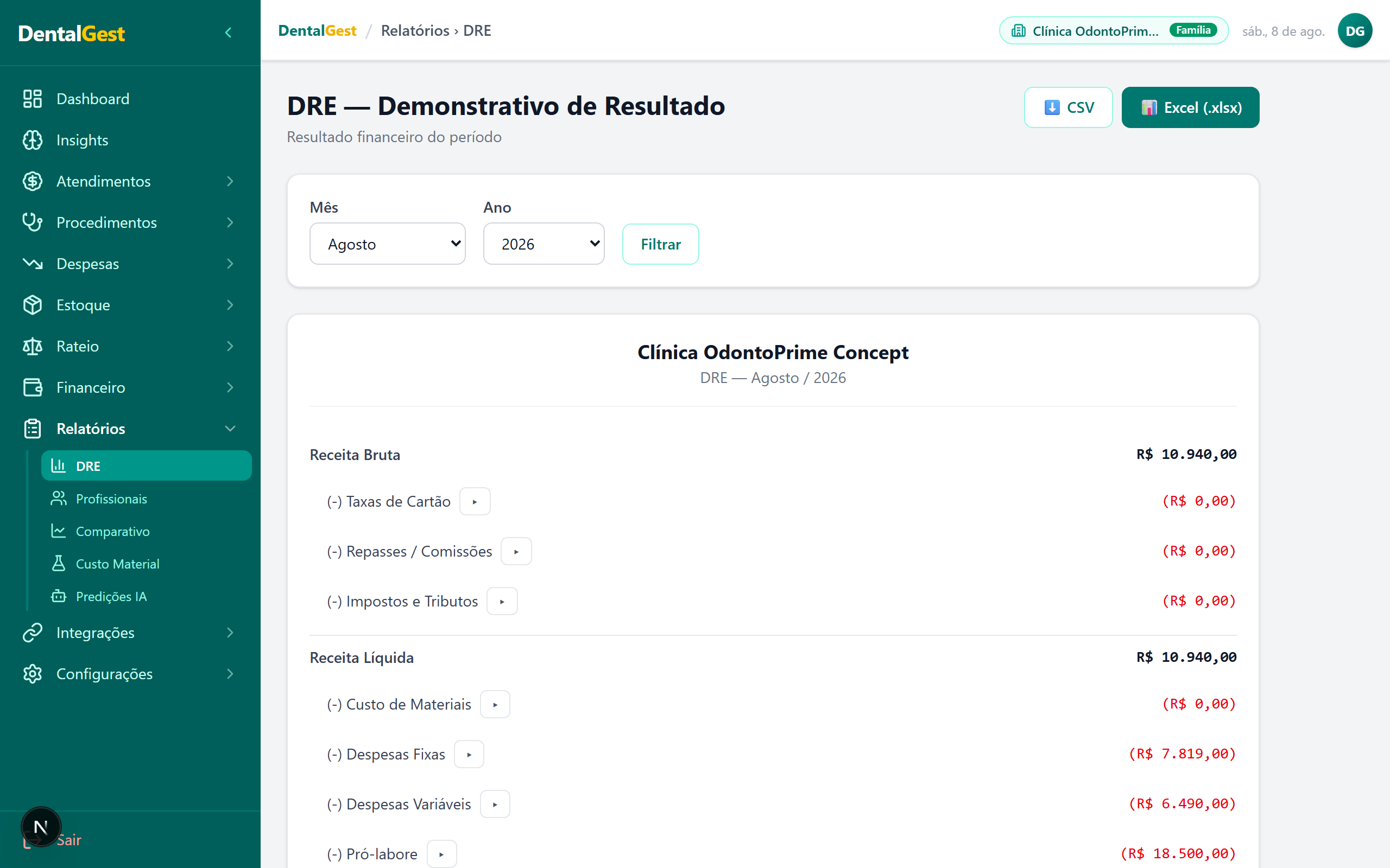Tela de relatórios do DentalGest